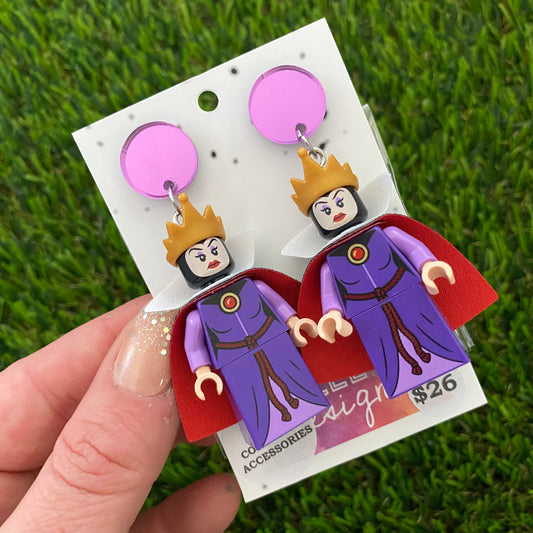 Brick Character Purple Evil Queen Dangle Earrings with Accessories - Featuring Purple Mirror Tops!