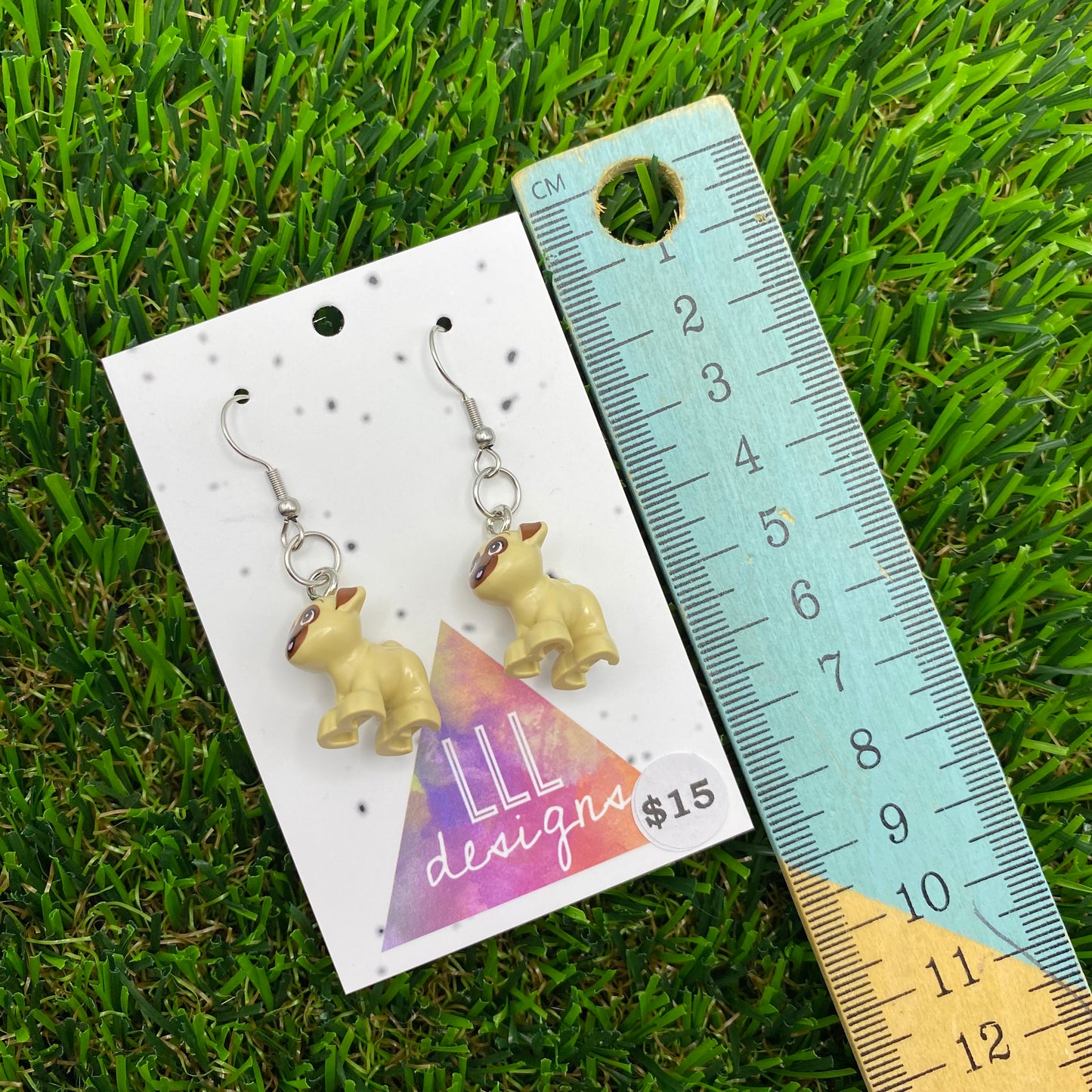 Tan Pug Brick Animal Hook Earrings - Lightweight!