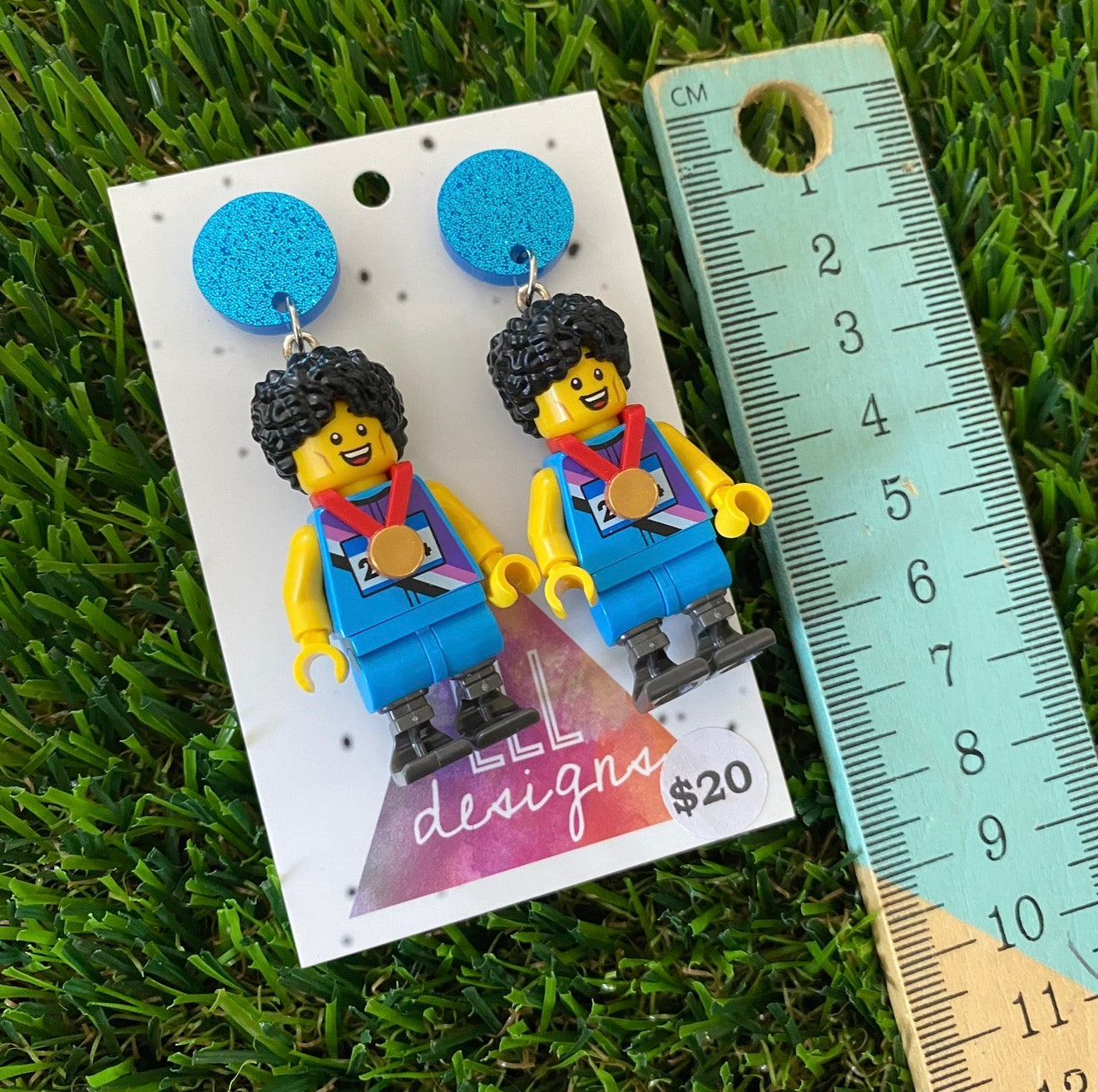 Medal Winner Brick Character With Prosthetic Legs - Featuring Blue Glitter Acrylic Tops!