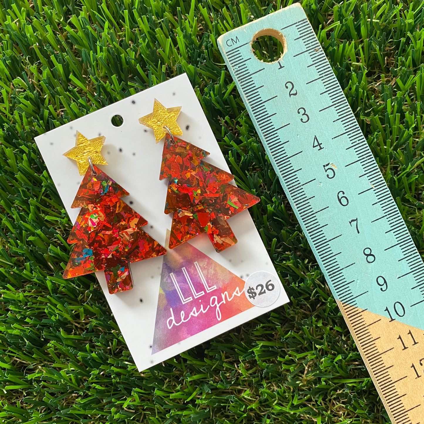 Red Toned Rainbow Metallic Glitz Christmas Tree Statement Dangle Earrings with Gold Glitz Star Tops. #festiveaf