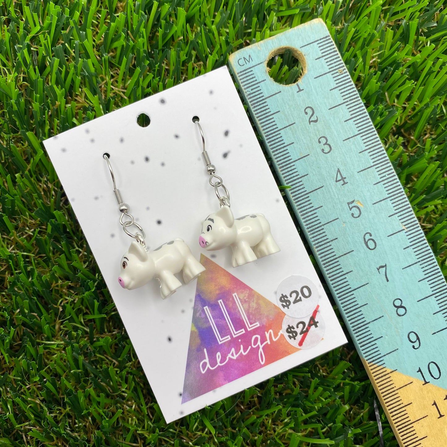 White Pig Brick Animal Hook Earrings - Lightweight!