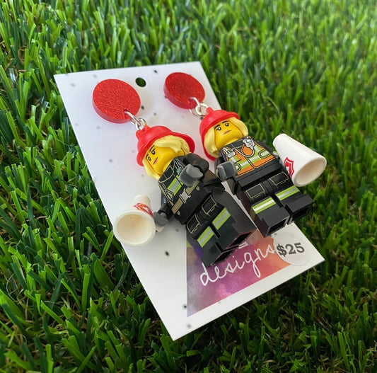 Firefighter Woman Brick Character With Megaphone - Featuring Red Glitter Acrylic Tops!