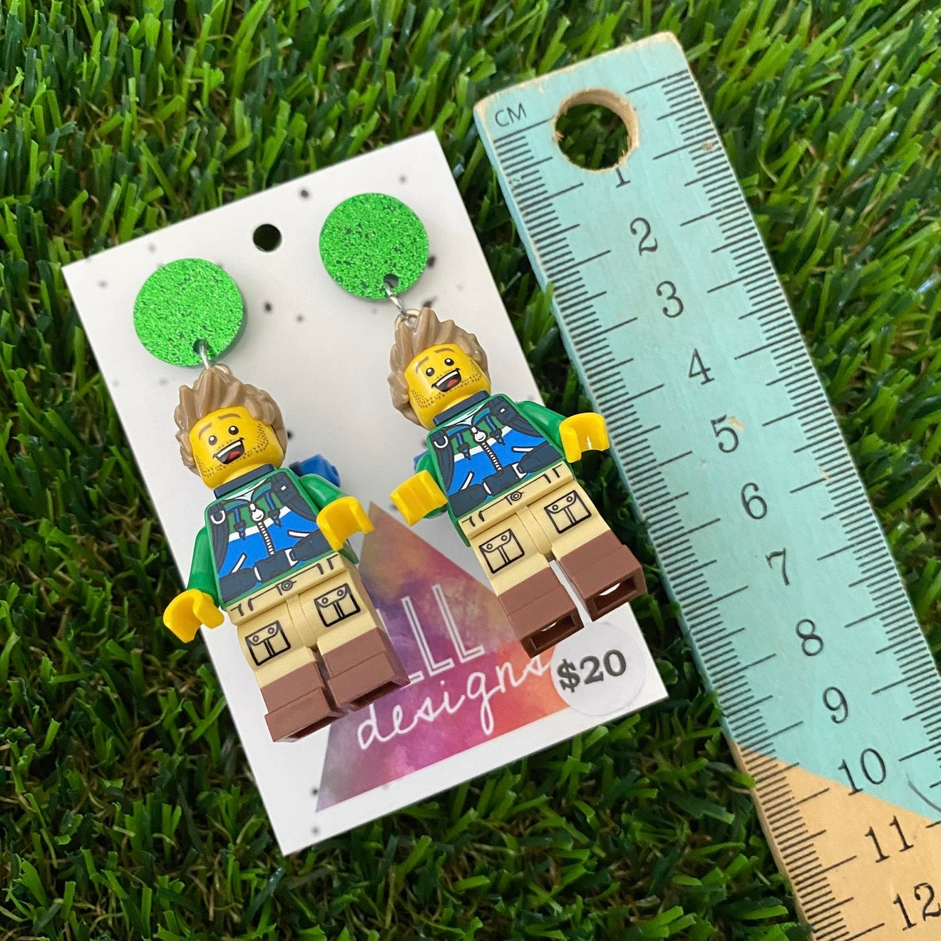Hiking Trekker Guy Brick Character - Featuring Green Glitter Acrylic Tops!
