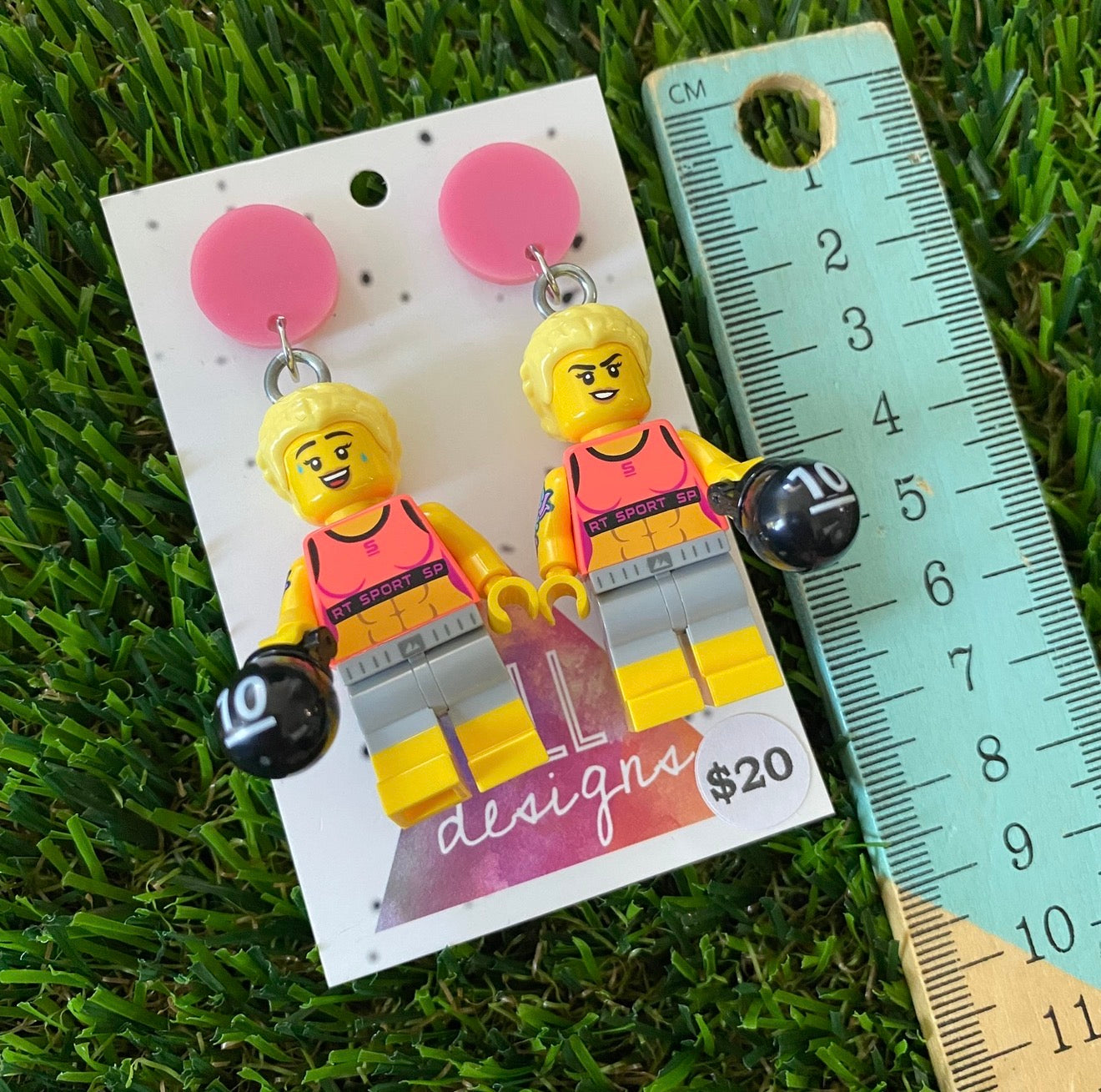Gym Girl Brick Character With Dumbbells - Featuring Pink Acrylic Tops!