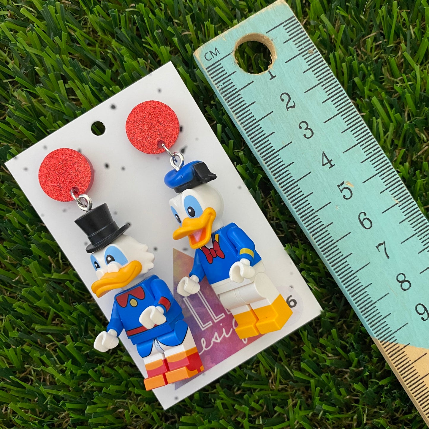 Brick Character Father and Son Ducks Dangle Earrings - Featuring Red Glitter Tops!