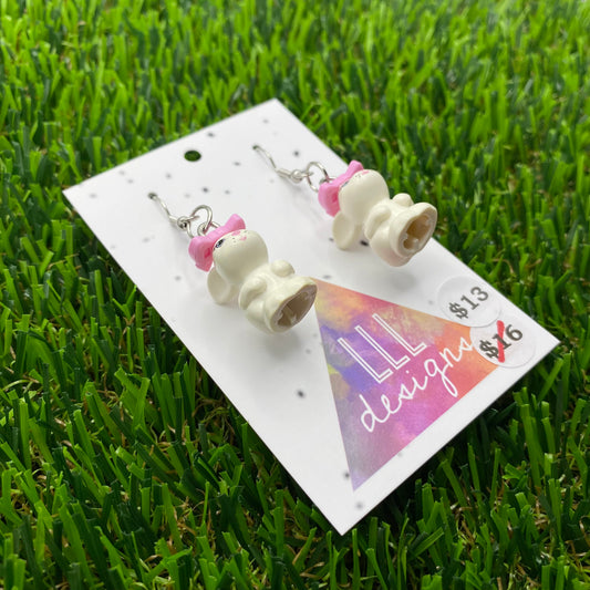 White Bunny Brick Animal Hook Earrings - Featuring Pink Flower - Lightweight!