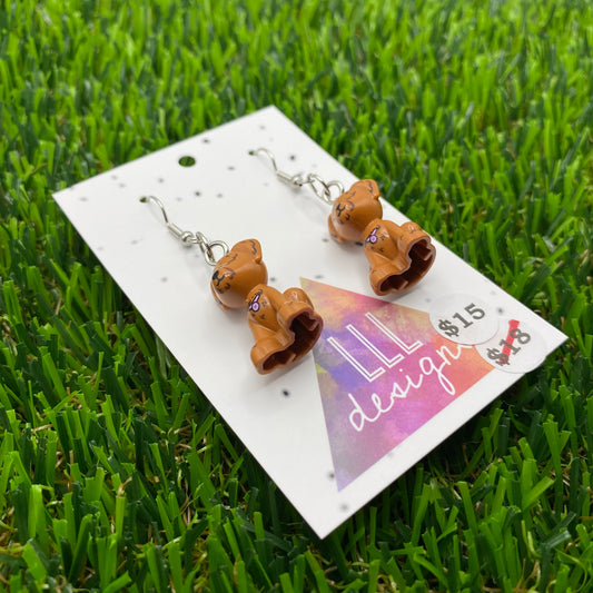 Brown Shaggy Haired Dog Brick Animal Hook Earrings - Lightweight!