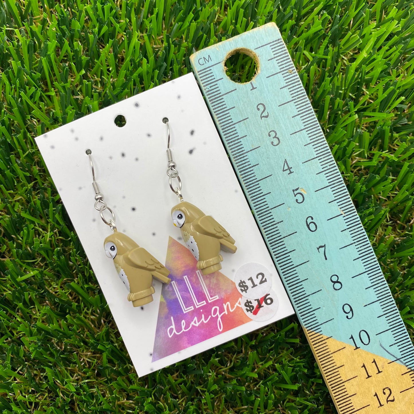 Tan Owl Brick Animal Hook Earrings - Lightweight!