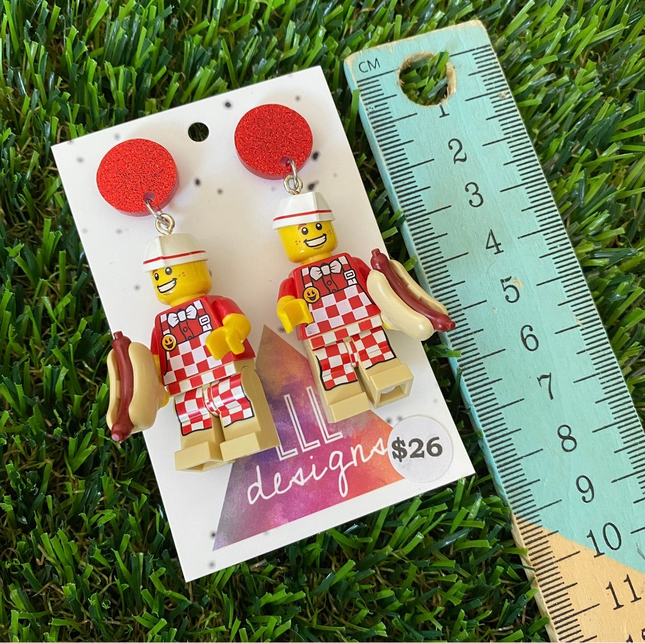 Hot Dog Vendor Man Brick Character - Featuring Red Glitter Acrylic Tops!