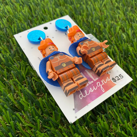 Strong Caped Hero Brick Character Dangle Earrings and Accessories - Featuring Blue Glitter Tops!