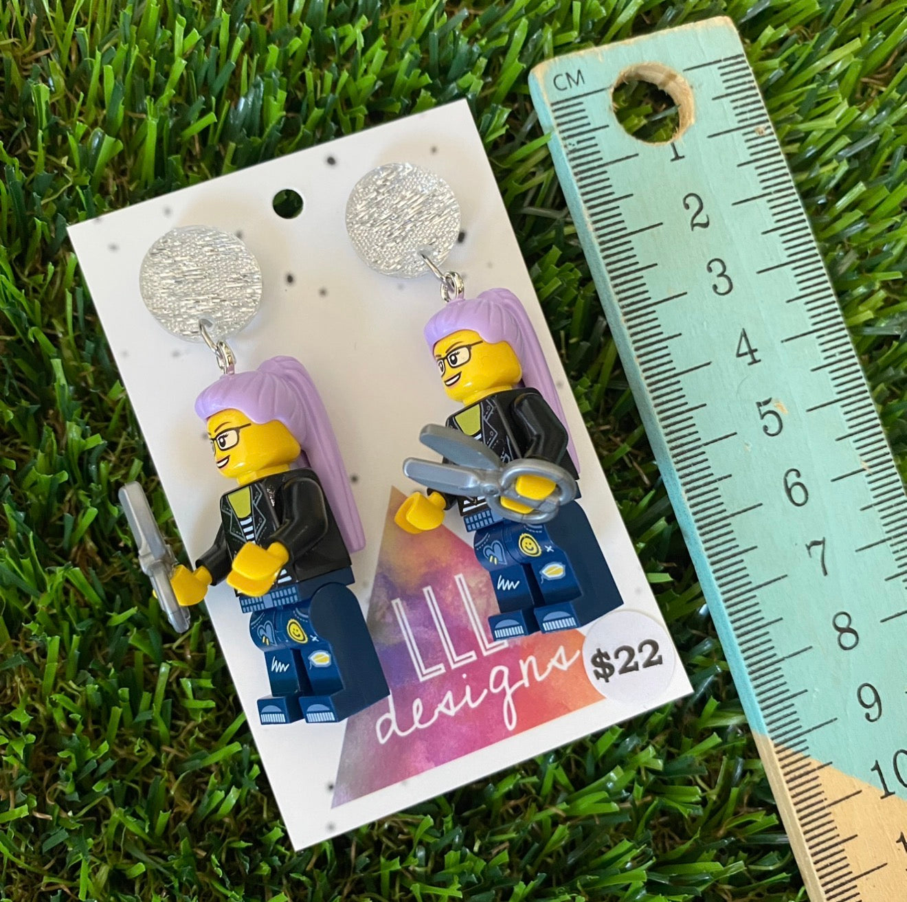 Hairdresser Lady Brick Character With Scissors - Featuring Silver Glitter Acrylic Tops!