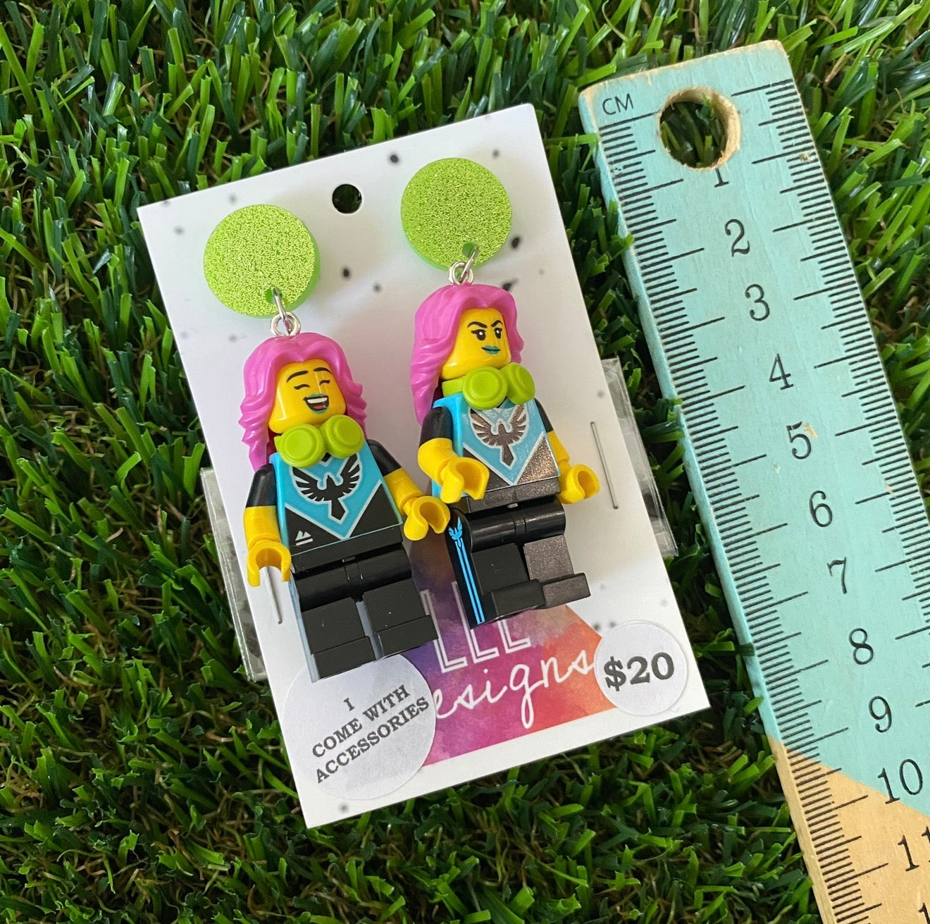 Pink Haired Gamer Girl Brick Character With a PC - Featuring Green Acrylic Glitter Tops!