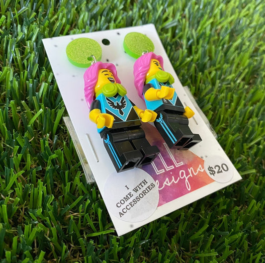 Pink Haired Gamer Girl Brick Character With a PC - Featuring Green Acrylic Glitter Tops!