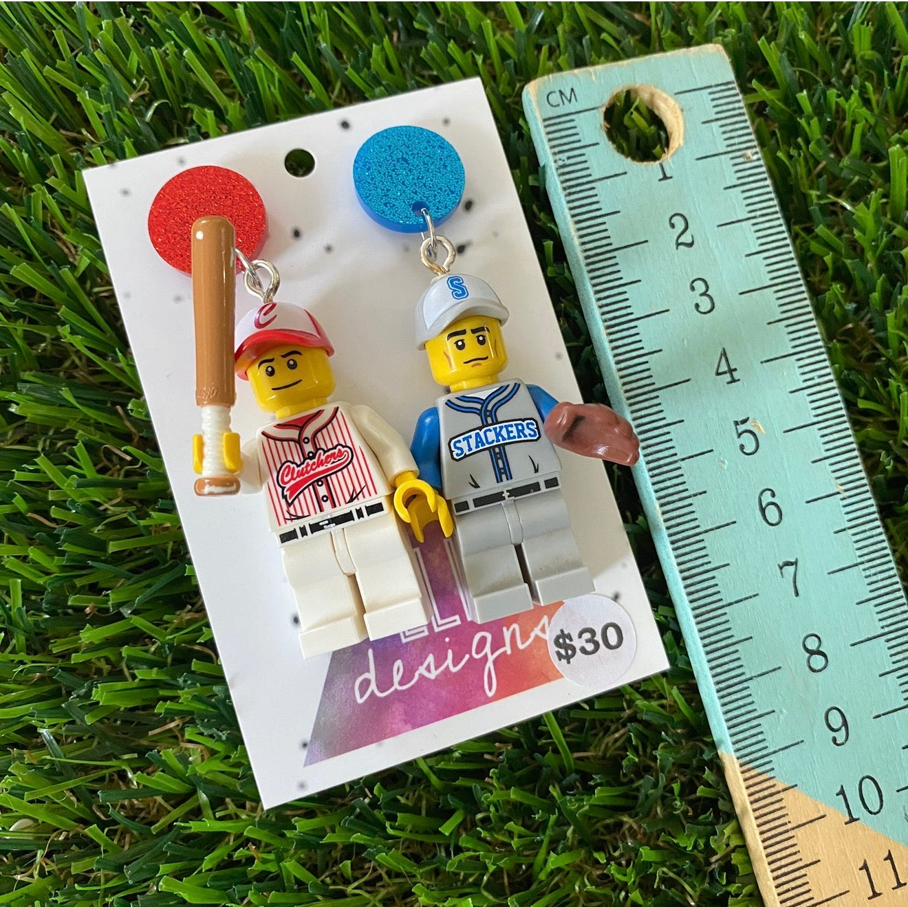 Red And Blue Baseball Player Brick Character With Bat and Mitt - Featuring Red and Blue Glitter Acrylic Tops!
