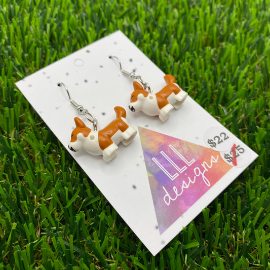 Brown And White Corgi Brick Animal Hook Earrings!