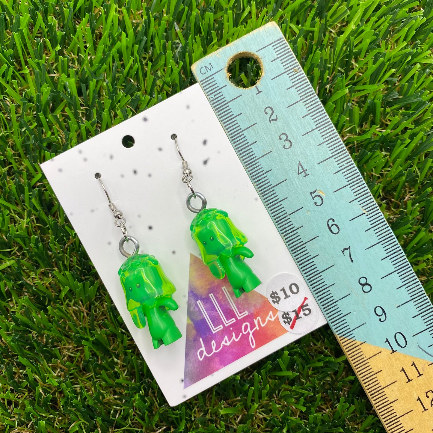 Neon Green Blob Character Brick Style Hook Earrings!