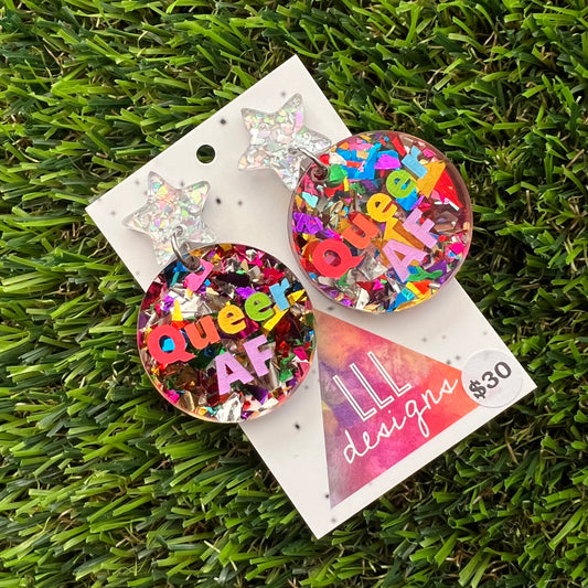 Rainbow Pride Queer AF Dangle Earrings Featuring Glittery Silver Star Top - Part of our AF Range!