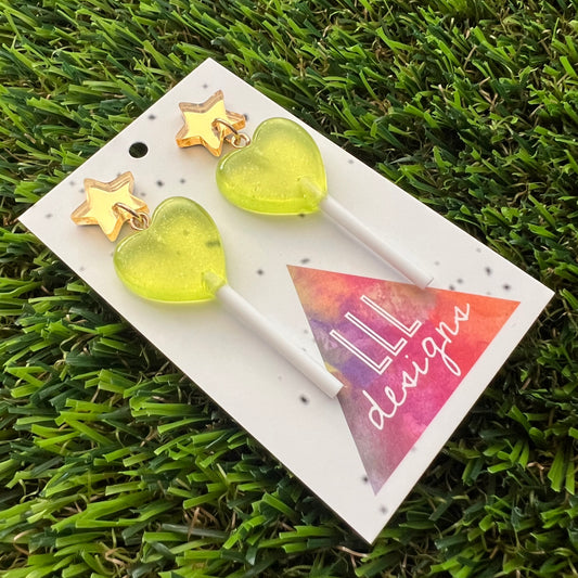 Yellow Heart Lollipop Dangle Earrings Featuring Gold Mirror Star Top!