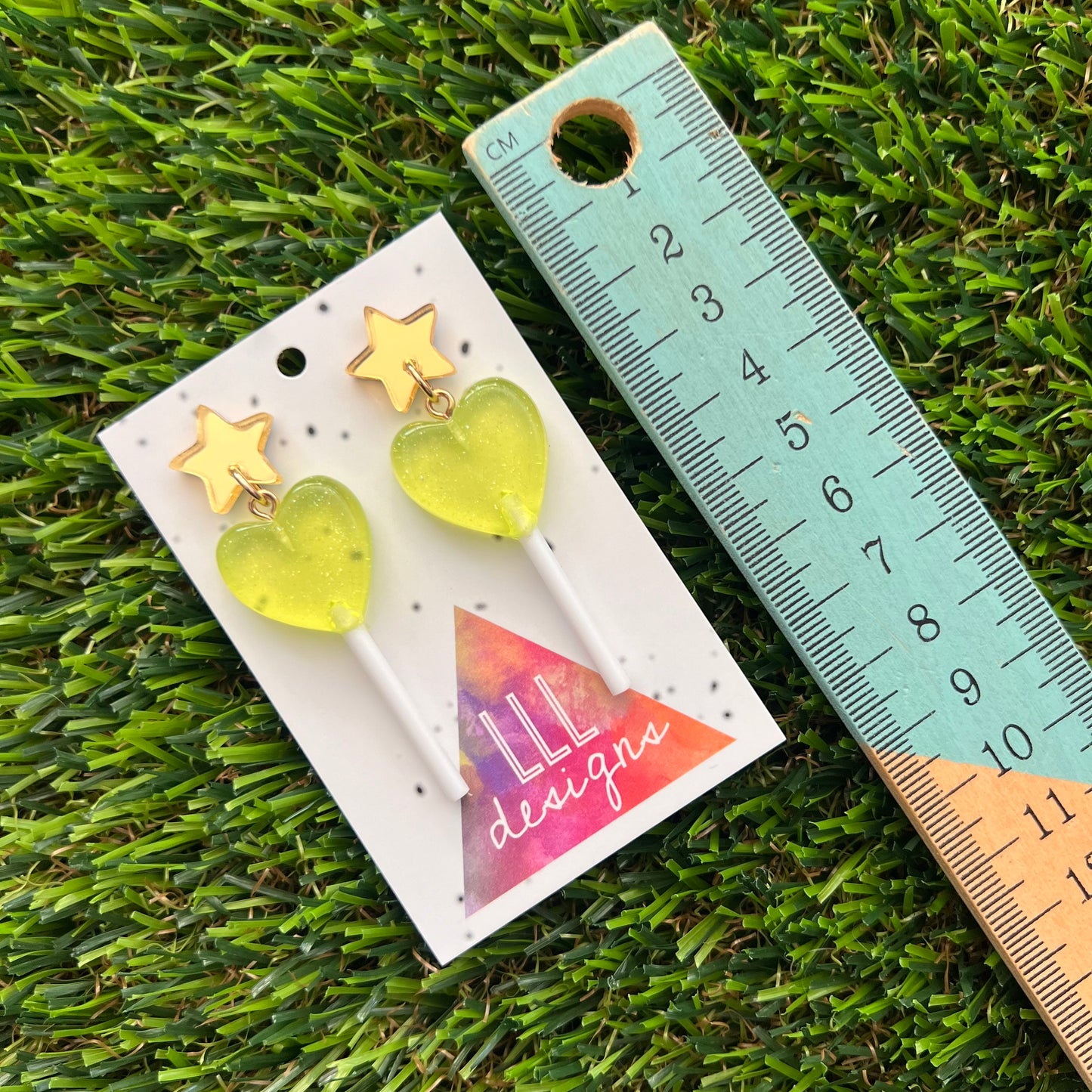 Yellow Heart Lollipop Dangle Earrings Featuring Gold Mirror Star Top!