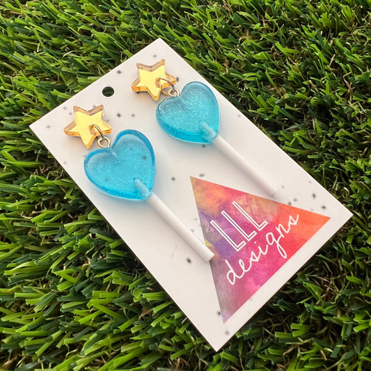 Blue Heart Lollipop Dangle Earrings Featuring Gold Mirror Star Top!