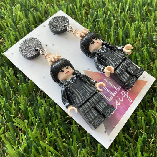 Wednesday School Uniform Dangle Earrings (silver) - Halloween Earrings - Brick Person Earrings - Featuring Black Glitz Tops.