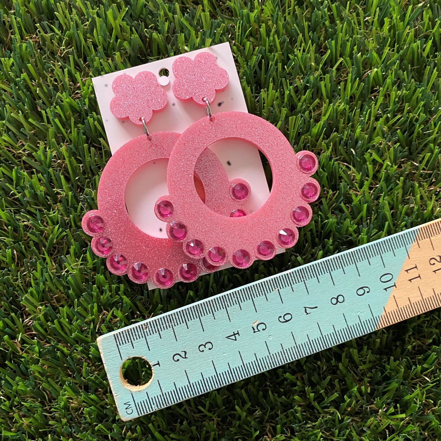Pink Glitter Earrings - Perfectly Pink Bubble Circle Mega Dangle Earrings With Puffy Flower Tops to make them POP! Oh and don't forget the AMAZING Rhinestones!