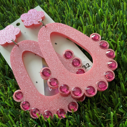 Rhinestone Earrings - Perfectly Pink Glitter Bubble TearDrop Mega Dangle Earrings With Puffy Flower Tops to make them POP! Oh and don't forget the AMAZING Rhinestones!