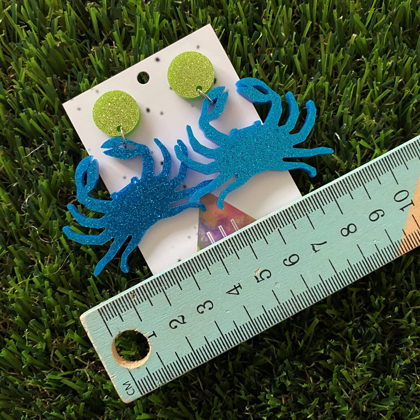 Crab Earrings - Blue Crab Earrings - Glitter Blue Swimmer Crab Earrings with Green Glitter Tops to make them POP!