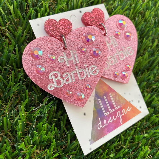 Barbie Earrings - Handmade Barbie Earrings - "Hi Barbie" Heart Earrings with Holographic Rhinestones.