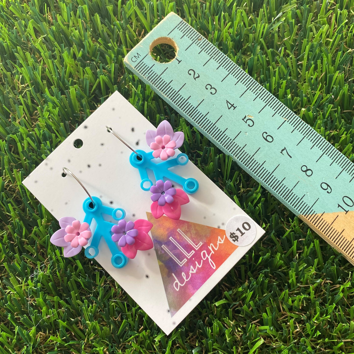 Floral Earrings - #3 Medium Botanical Hoop Dangle Earrings - Light Blue Leaves Featuring Pops of Lavender + Light Pink & Dark Pink + Purple.