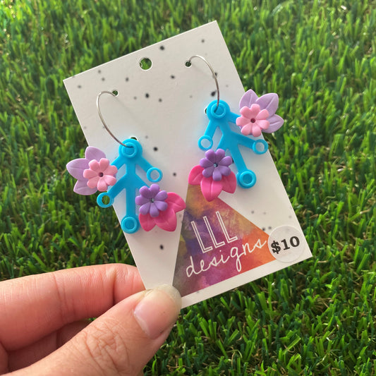 Floral Earrings - #3 Medium Botanical Hoop Dangle Earrings - Light Blue Leaves Featuring Pops of Lavender + Light Pink & Dark Pink + Purple.