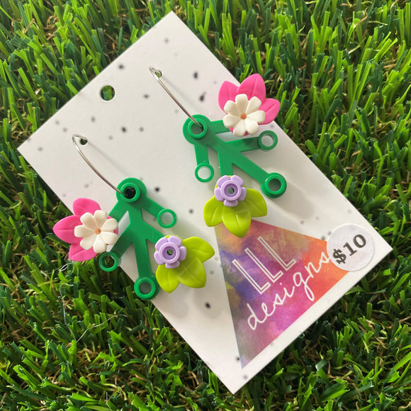 Floral Earrings - #6 Medium Botanical Hoop Dangle Earrings - Green Leaves Featuring Pops of Dark Pink + White & Light Green + Lavender.