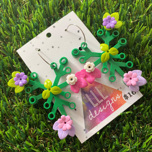 Floral Earrings - #8 Large Botanical Hoop Dangle Earrings - Green Leaves Featuring Pops of Light Green + Purple, Dark Pink + White & Lavender + Light Pink, Plus a Light Green Twig!