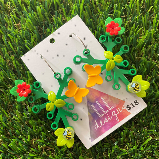 Floral Earrings - #12 Large Botanical Hoop Dangle Earrings - Green Leaves Featuring Pops of Green + Red, Light Green + a Super Cute Buzzy Bee & an Orange Butterfly, Plus a Light Green Twig!