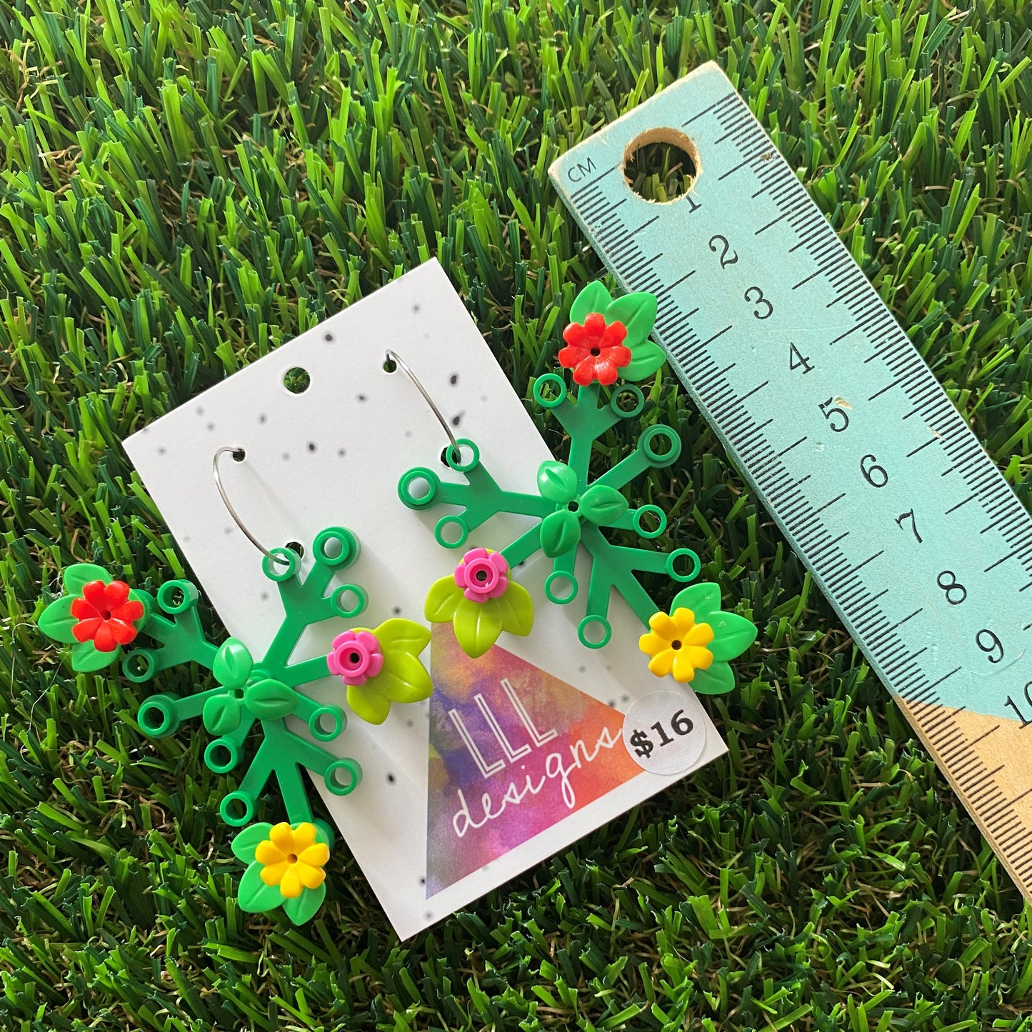 Floral Earrings - #10 Large Botanical Hoop Dangle Earrings - Green Leaves Featuring Pops of Green + Red, Light Green + Dark Pink & Bright Green + Yellow, Plus a Green Twig!