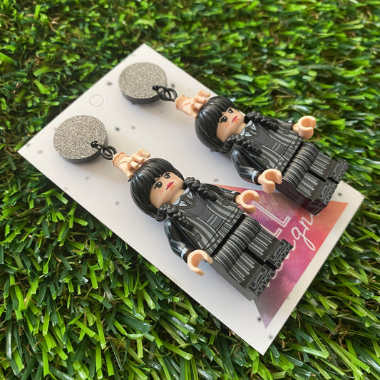 Wednesday School Uniform Dangle Earrings (Black) - Halloween Earrings - Brick Person Earrings - Featuring Black Glitz Tops.
