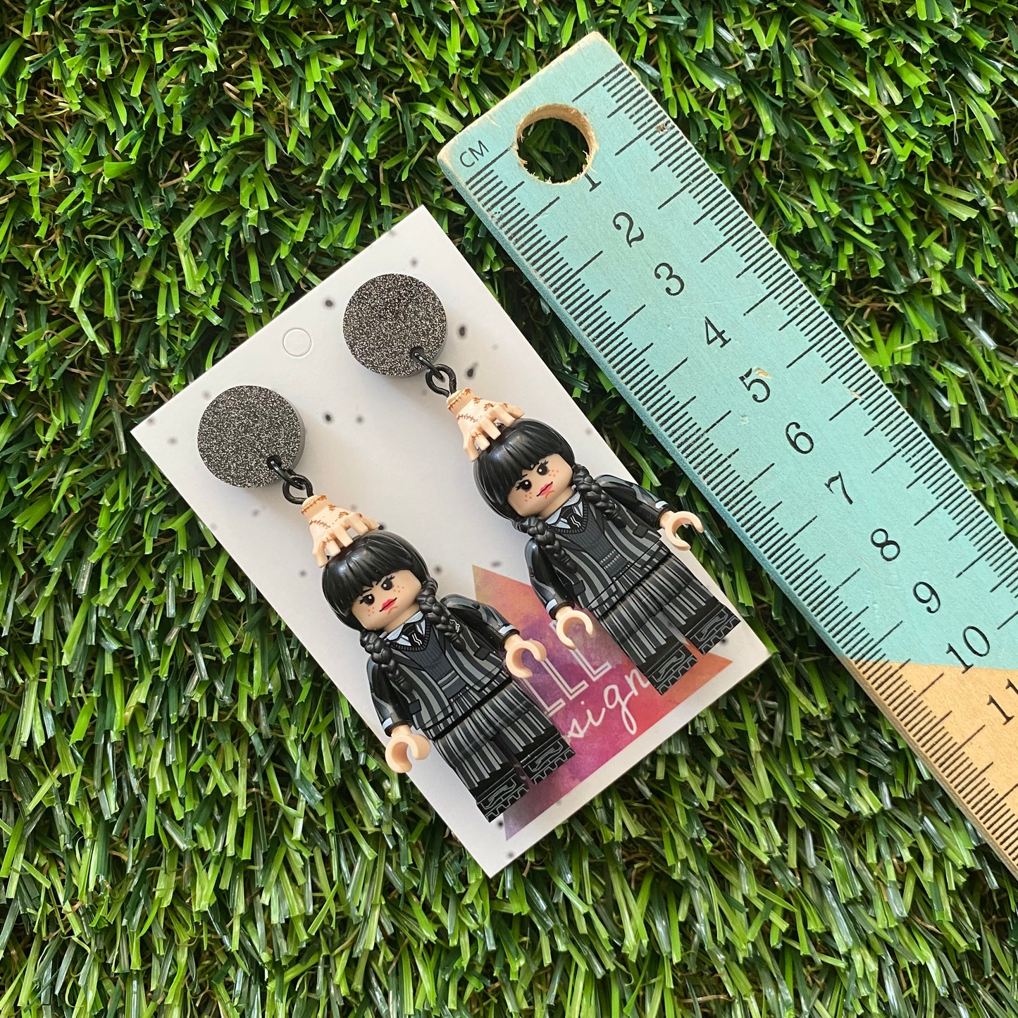Wednesday School Uniform Dangle Earrings (Black) - Halloween Earrings - Brick Person Earrings - Featuring Black Glitz Tops.