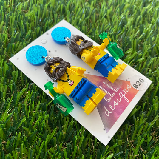 Sea Man Brick Character Dangle Earrings - Featuring a Glittery Blue Top and Message in a Bottle Accessory!