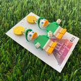 Green Hat Duck Boy Brick Character Dangle Earrings - Featuring a Glittery Yellow Top!