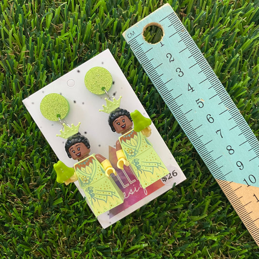 Green Dress Princess Brick Character Dangle Earrings - Featuring a Glittery Green Top and Frog Accessory!