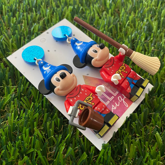 Wizard Mouse Brick Character Dangle Earrings - Featuring a Glittery Blue Top and Broom and Bucket Accessory!