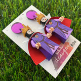 Purple Villain Queen Brick Character Dangle Earrings - Featuring a Purple Mirror Top!