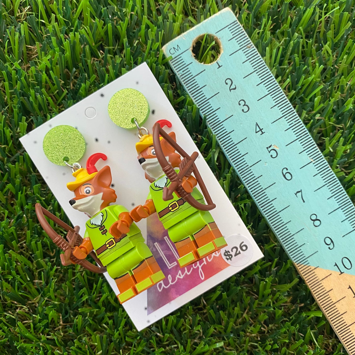 Fox with Bow and Arrow Brick Character Dangle Earrings - Featuring a Glittery Green Top and Acessories!