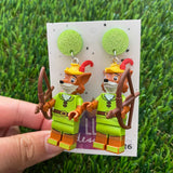 Fox with Bow and Arrow Brick Character Dangle Earrings - Featuring a Glittery Green Top and Acessories!