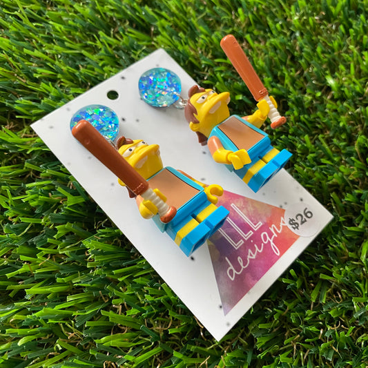 Cartoon Bully Brick Character Dangle Earrings - Featuring a Iridescent Glitter Blue Top!