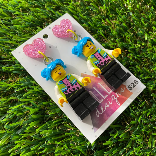 Fun and Fab Felisha Brick Character Dangle Earrings - Featuring a Glittery Pink Heart-Shaped Top!