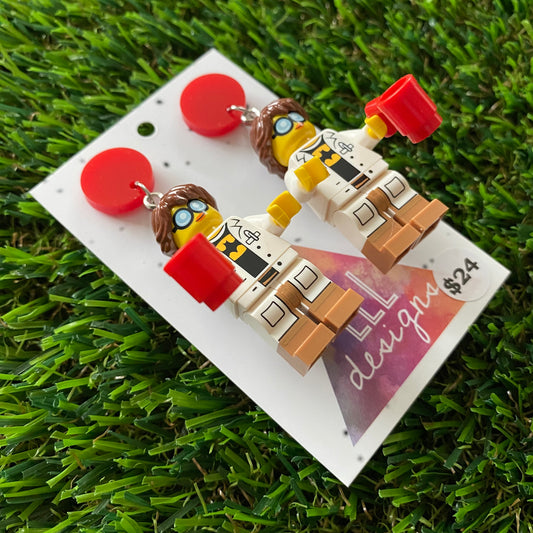 Lab Technician Brick Character Dangle Earrings - Featuring a Red Top and Coffee Cup Acessory!