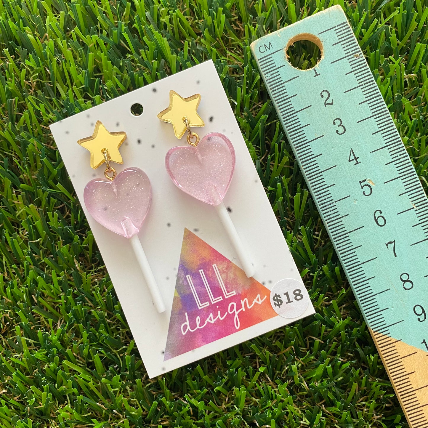 Lavender Heart Lollipop Dangle Earrings Featuring Gold Mirror Star Top!