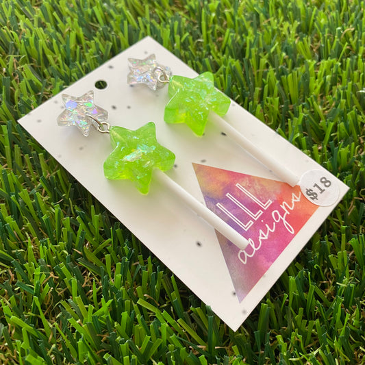 Lime Green Iridescent Glitter Star Lollipop Dangle Earrings Featuring Silver Star Top!