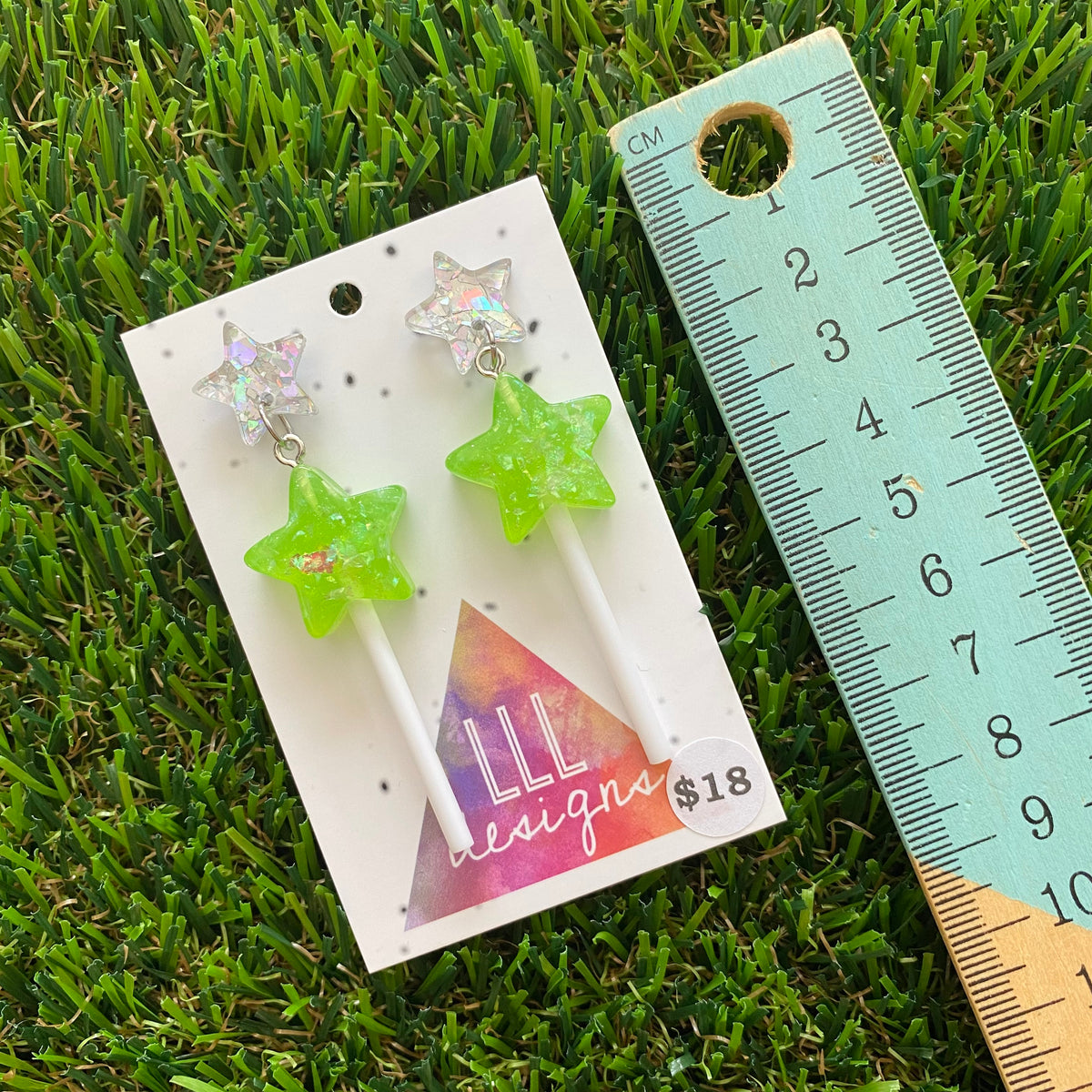 Lime Green Iridescent Glitter Star Lollipop Dangle Earrings Featuring Silver Star Top!